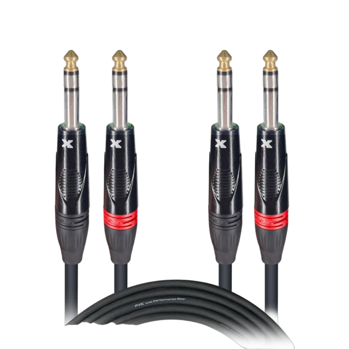 ProX 10 ft dual-channel patch cable with 1/4 inch TRS stereo connectors coiled display