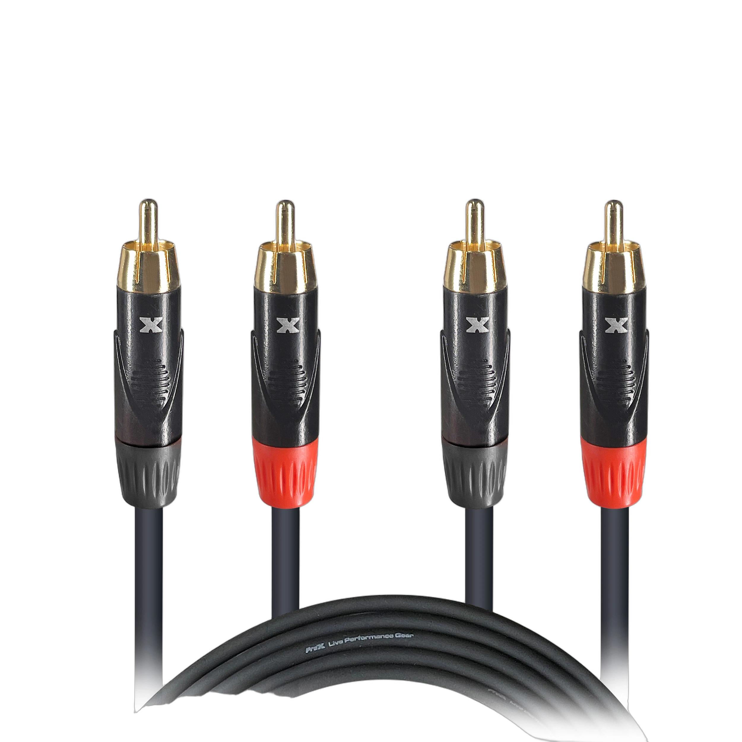 ProX Dual-Channel RCA Patch Cable 10ft Front View ProX 10 foot dual-channel RCA male to male patch cable with red and white connectors