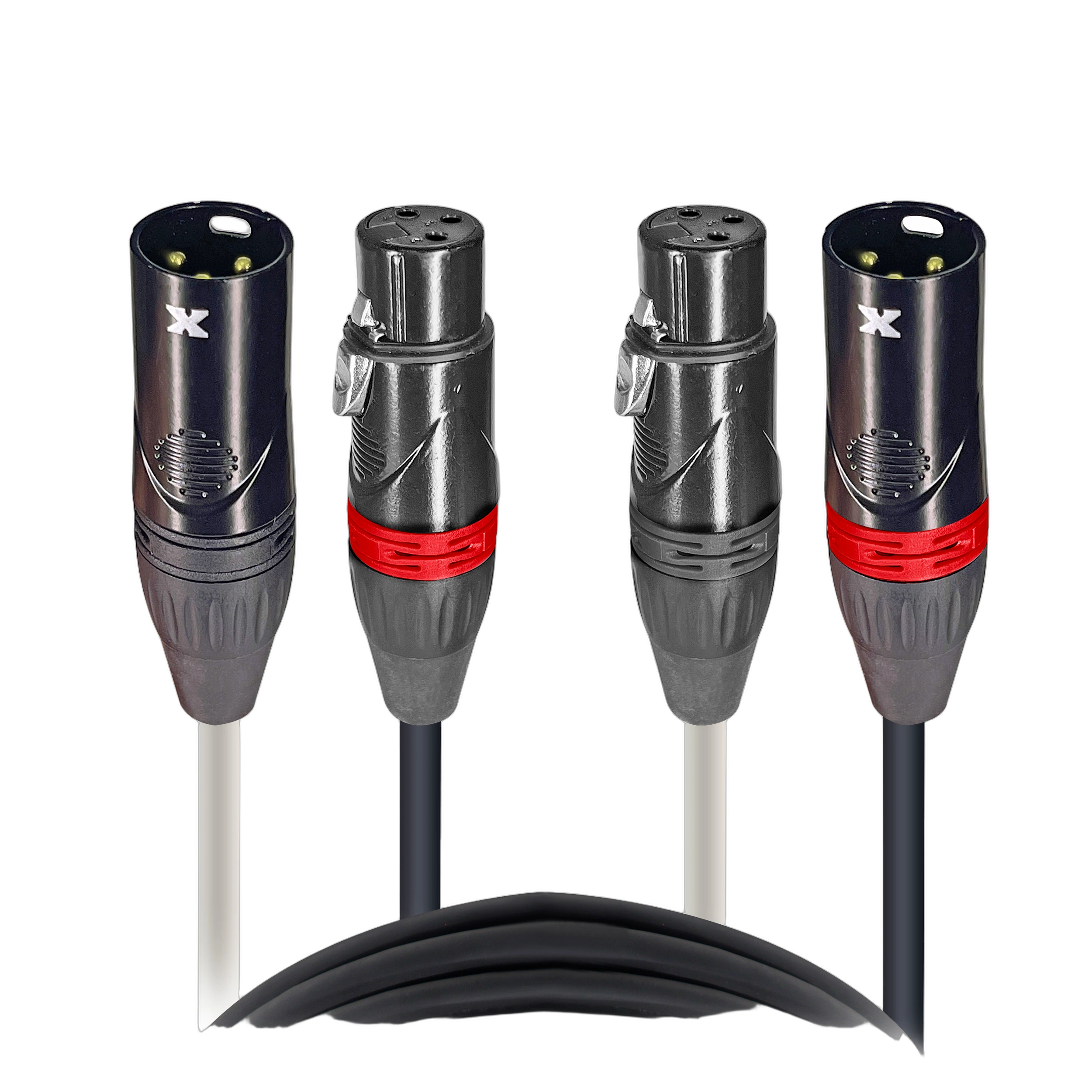 ProX 75 ft. Dual-XLR Patch Cable Front View ProX 75 foot dual-XLR patch cable with male and female connectors coiled display