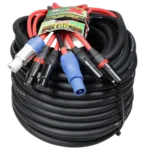 ProX 100 foot dual-XLR patch cable with PowerCON connector and XLR link detail view