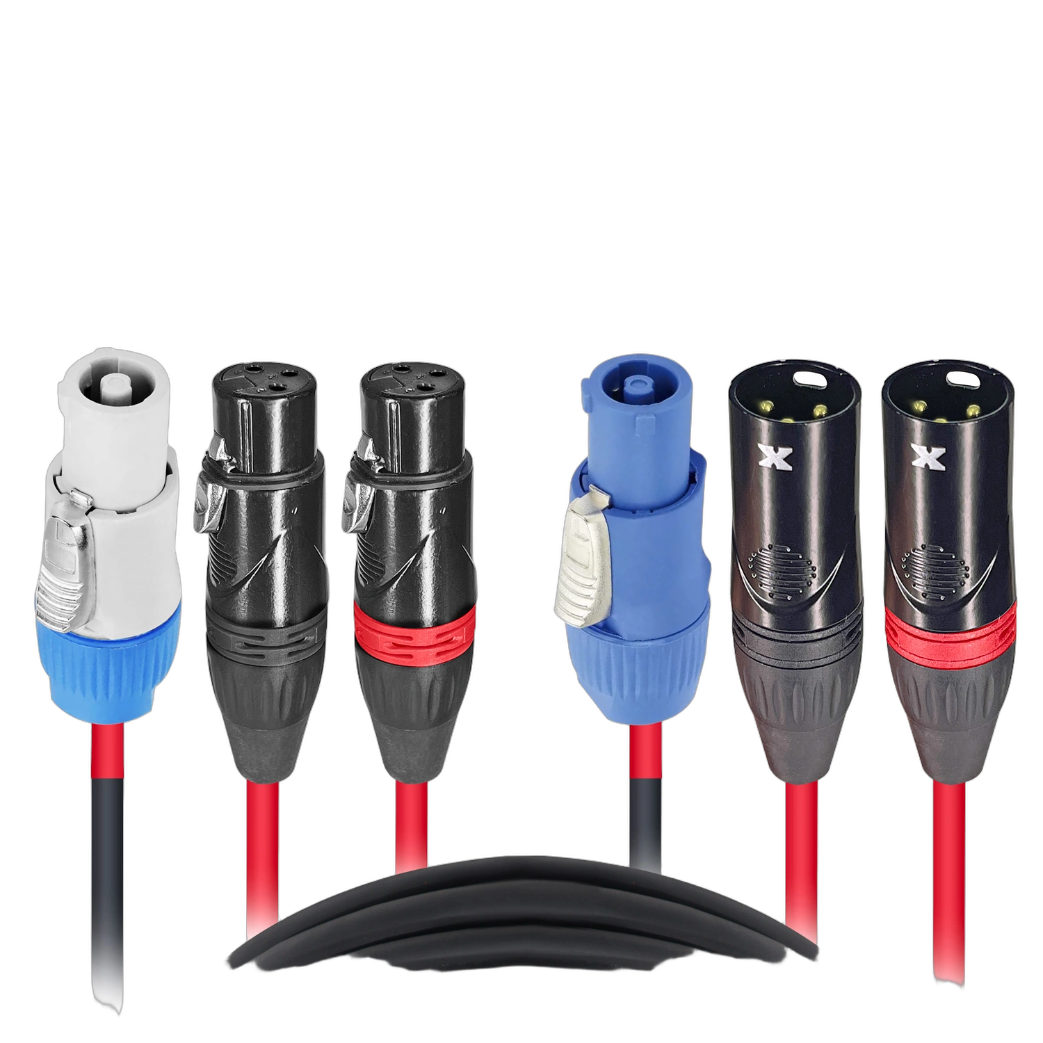 ProX 75 ft Dual-XLR Patch Cable PowerCON Main View ProX 75 foot dual-XLR patch cable with PowerCON connectors displayed on white background