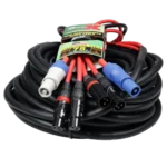 ProX dual-XLR patch cable with PowerCON connector showing detailed cable construction and connector quality