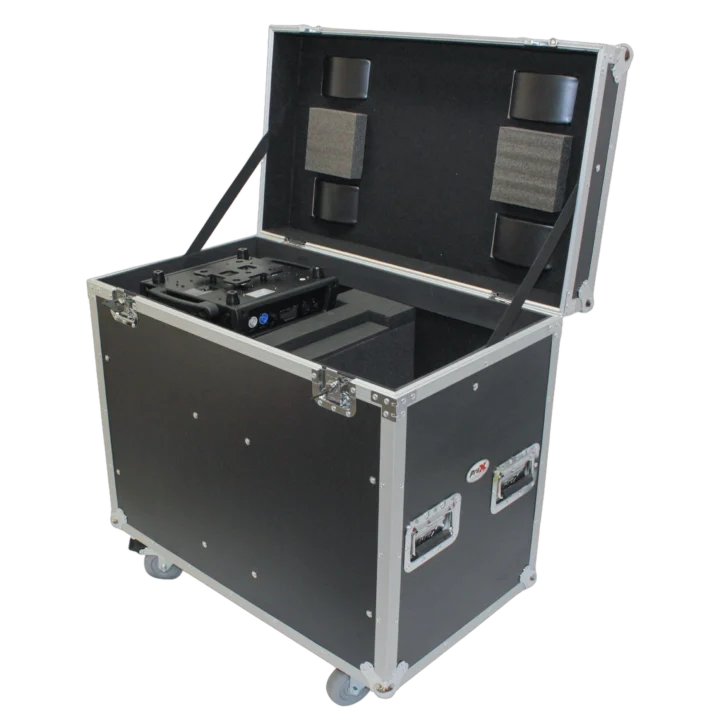 ProX flight case designed for two 250-style moving head lighting units with protective foam interior and heavy-duty casters