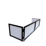 ProX black frame foldable DJ facade tabletop booth with black and white scrims detail view