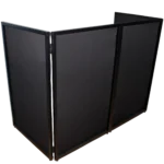ProX four panel black frame DJ facade with corner shelves and interchangeable black white scrims