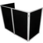 ProX four panel white DJ facade dimensional diagram showing measurements and panel configuration with scrims