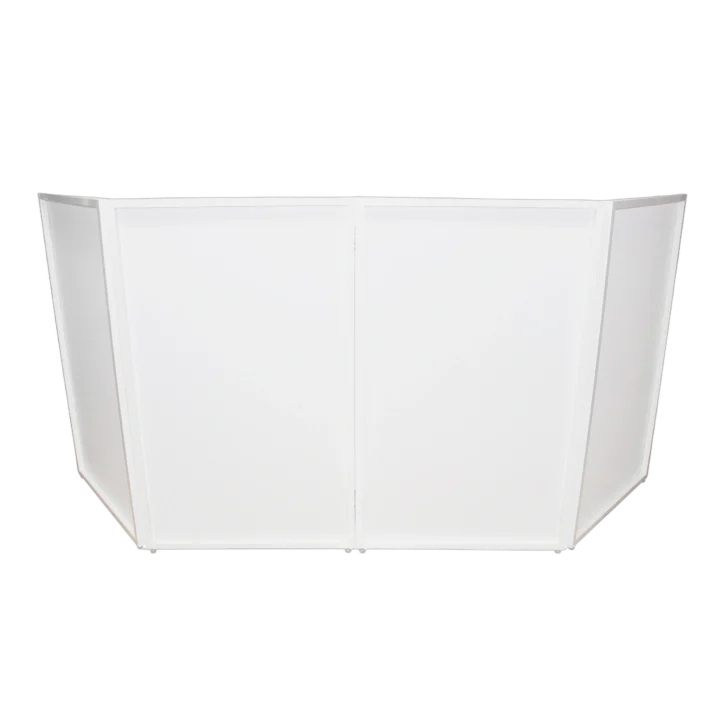 ProX four panel white DJ facade with black and white scrims, corner shelves, and carry bag