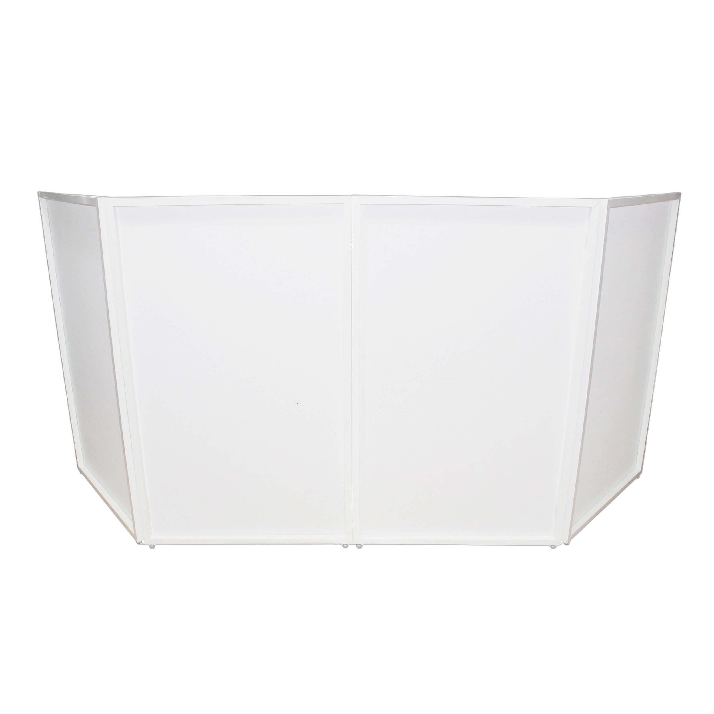 ProX Four Panel Wedding White DJ Facade Front View ProX four panel white DJ facade with black and white scrims, corner shelves, and carry bag
