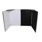 ProX four panel black frame DJ facade with white and black scrims installed, corner shelves, and carry bag included