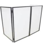 ProX four panel black frame DJ facade with white and black scrim panels and corner shelves