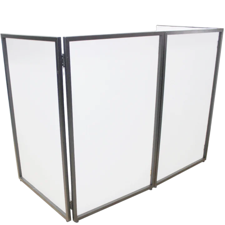 ProX four panel black frame DJ facade with white and black scrim panels and corner shelves