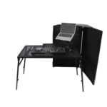 ProX four panel black frame DJ facade displayed from side angle showing scrim panels and corner shelf