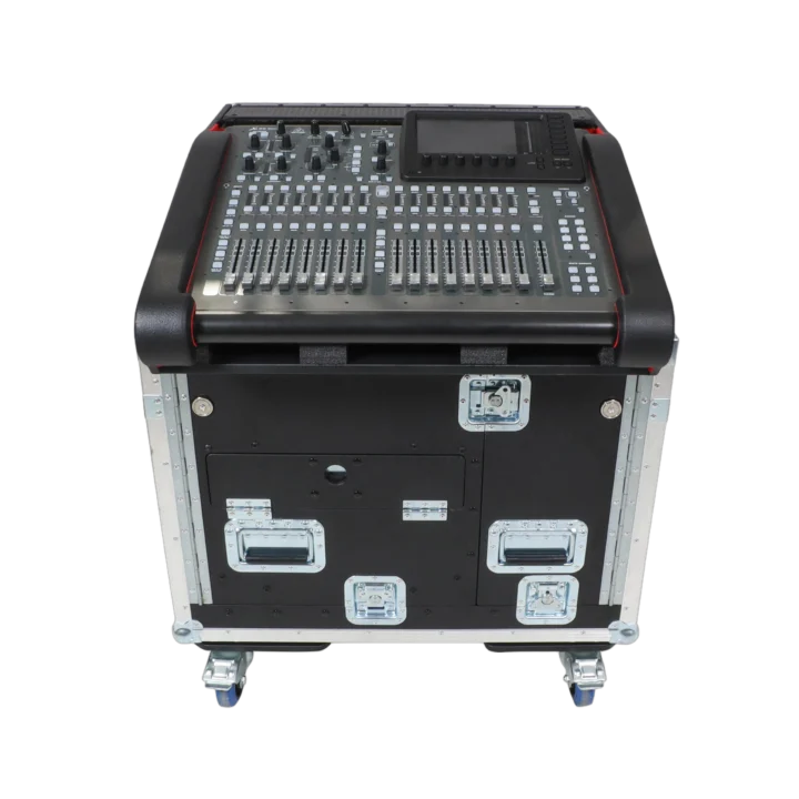 ProX hydraulic lift case for Behringer BX32 mixer showing retractable handle and side profile