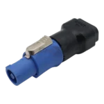 ProX IEC C14 to PowerCON female locking power adapter connected to professional audio equipment