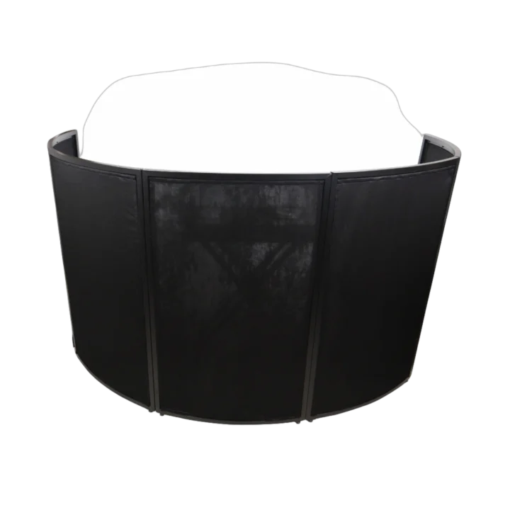 ProX LUNA curved DJ facade 5 panel system with black hardware and white scrim kit front display