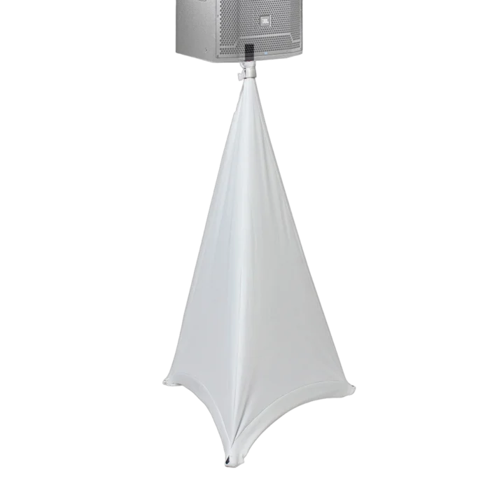 ProX white lycra cover scrim for speaker tripod or lighting stand, two-sided front view
