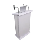 ProX Maestro white lectern podium with mounted LED flatscreen TV and dual gooseneck microphone stands in presentation environment