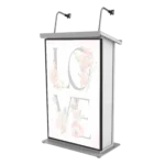 ProX Maestro white lectern podium with dual gooseneck microphone stands and LED flatscreen TV mount