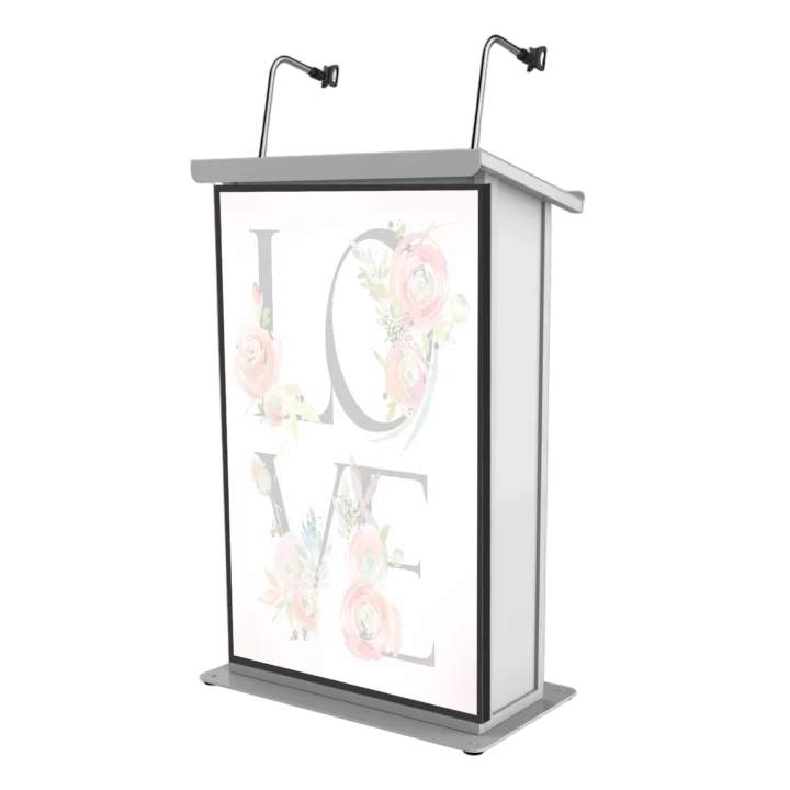 ProX Maestro white lectern podium with dual gooseneck microphone stands and LED flatscreen TV mount