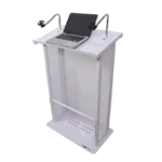 ProX Maestro white lectern podium with dual gooseneck microphone stands and LED flatscreen TV mount