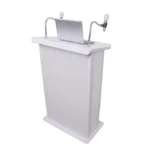 ProX Maestro white lectern podium with dual gooseneck microphone stands and LED screen mount
