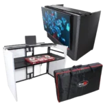 ProX MESA MEDIA MK2 DJ facade table workstation with white and black scrims, TV bracket mount, professional front view