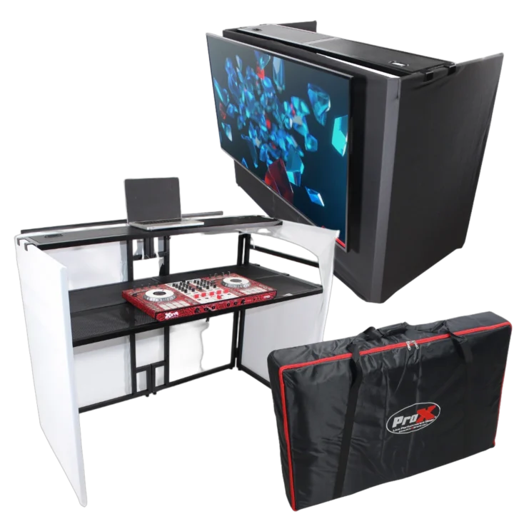 ProX MESA MEDIA MK2 DJ facade table workstation with white and black scrims, TV bracket mount, professional front view