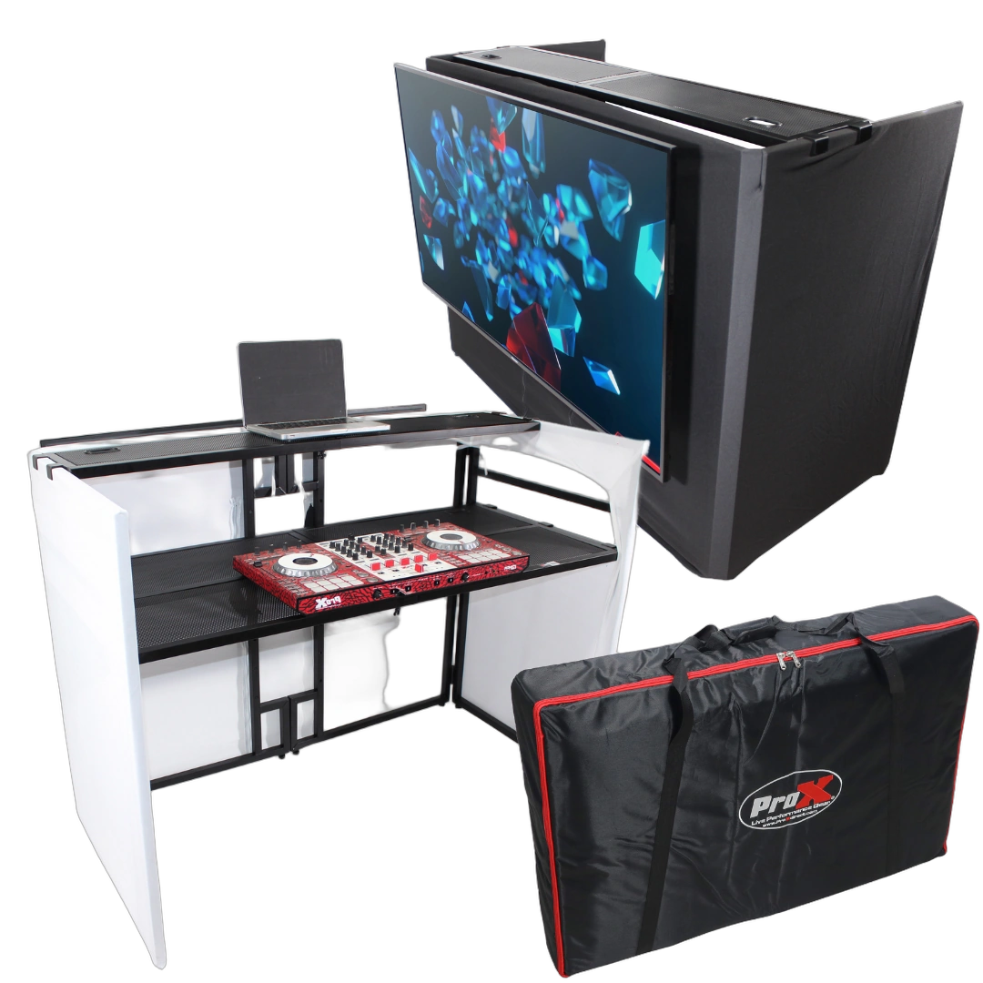 ProX MESA MEDIA MK2 DJ Facade Table Workstation Front View ProX MESA MEDIA MK2 DJ facade table workstation with white and black scrims, TV bracket mount, professional front view