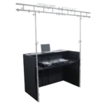 ProX MESA MEDIA MK2 DJ facade table workstation with TV bracket mount and black scrims in professional setup