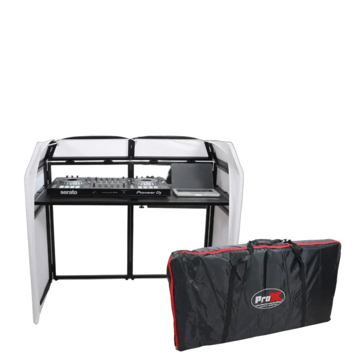 ProX Mesa MK2 DJ facade table station with white and black scrim panels, front view