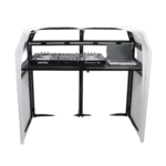 ProX Mesa MK2 DJ facade table station with white and black scrim panels, side profile showing depth and construction