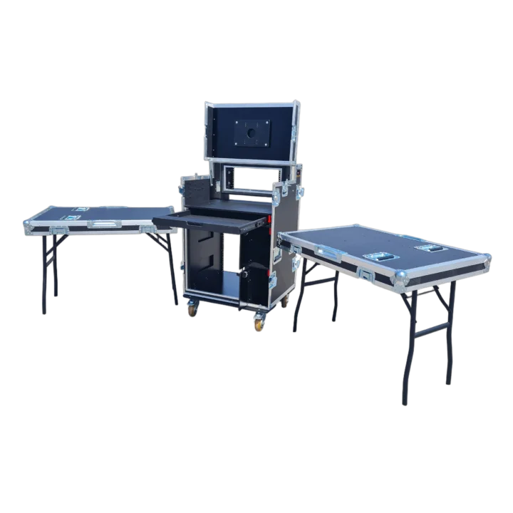 ProX mobile AV broadcasting studio workstation case with 4U top and 12U bottom rack configuration, side view