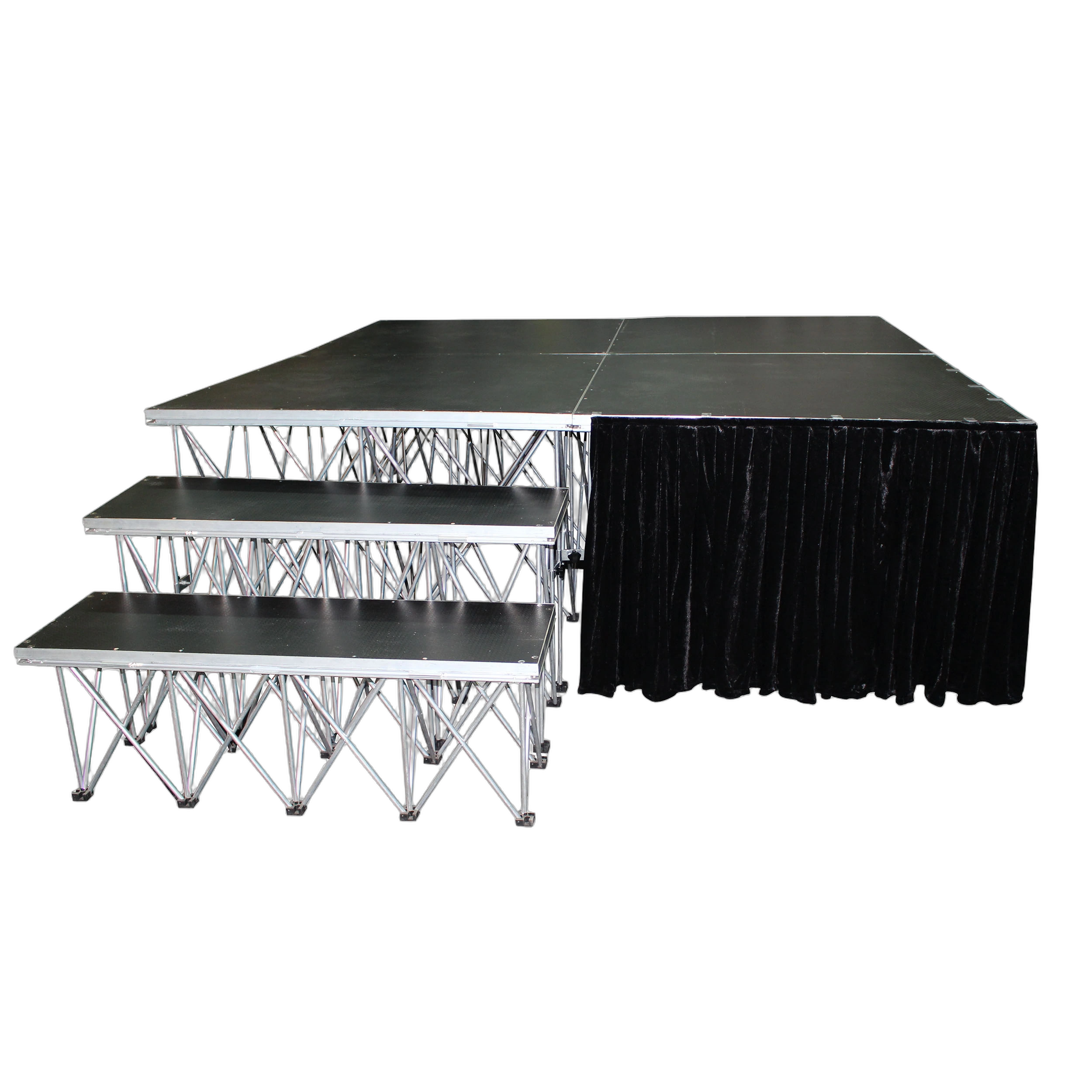 ProX 24 Inch Portable Stage Skirt Black Front View ProX 24 inch black polyester fire-retardant portable stage skirt front view