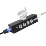 ProX Power Center five-way splitter with Powercon connectors powering multiple fixtures in live event setup