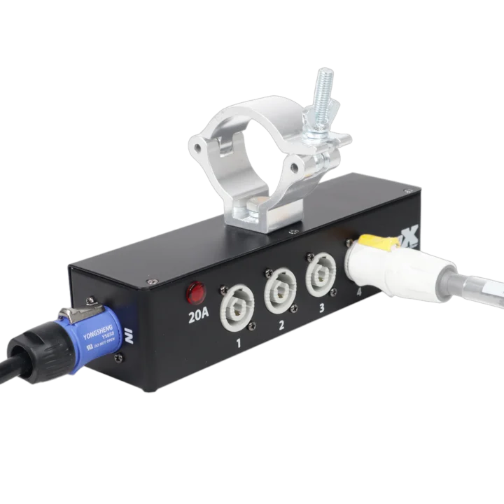 ProX Power Center five-way Powercon splitter showing multiple connector ports and power distribution terminals
