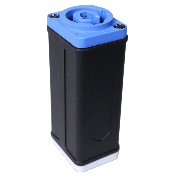 ProX PowerCON cable coupler showing power-in to power-out connector detail and locking mechanism