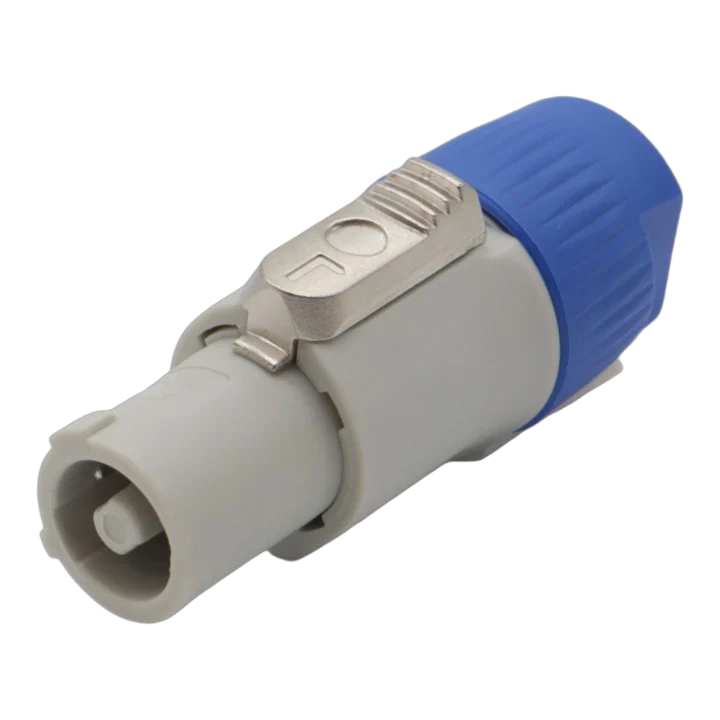 ProX gray PowerCON-compatible power-out connector with locking mechanism front view