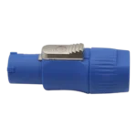 ProX blue PowerCON-compatible male power-in connector with secure locking mechanism detail