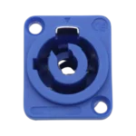 ProX blue PowerCON male panel-mount power connector installed in professional audio equipment rack