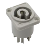 ProX gray panel-mount PowerCON power-out connector showing terminal connections and mounting hardware