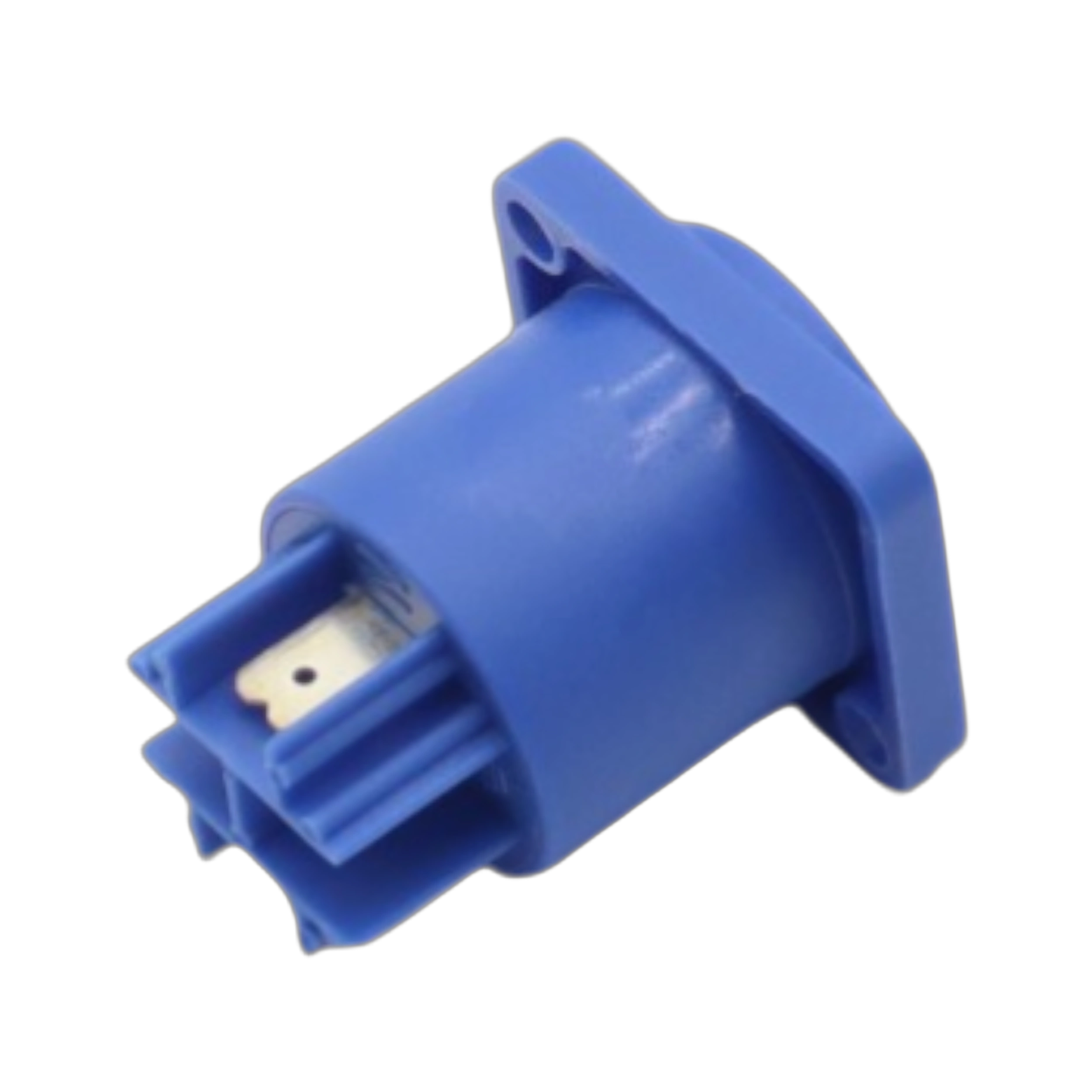 ProX Blue PowerCON Panel-Mount Power Connector Detail ProX blue PowerCON male panel-mount power connector showing contact pins and locking mechanism