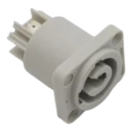 ProX gray panel-mount PowerCON power-out connector shown from side angle with mounting hardware