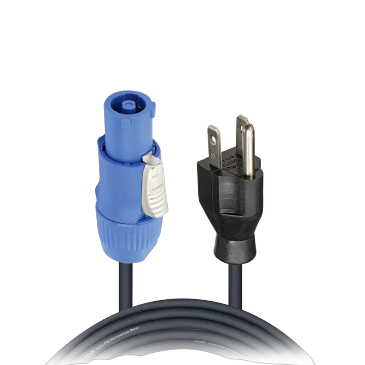 ProX 25 foot PowerCON blue to Edison power cable connector ends visible
