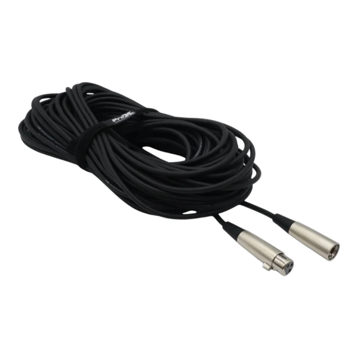 ProX 100 ft premium microphone cable with XLR-M to XLR-F connectors coiled display