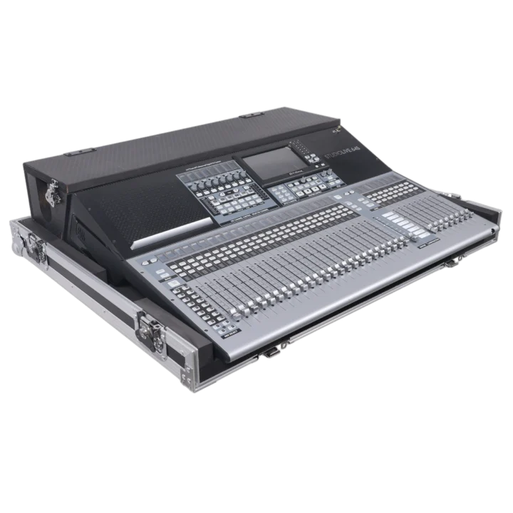 ProX ATA flight case for PreSonus StudioLive 64S mixer with doghouse compartment and caster wheels detail