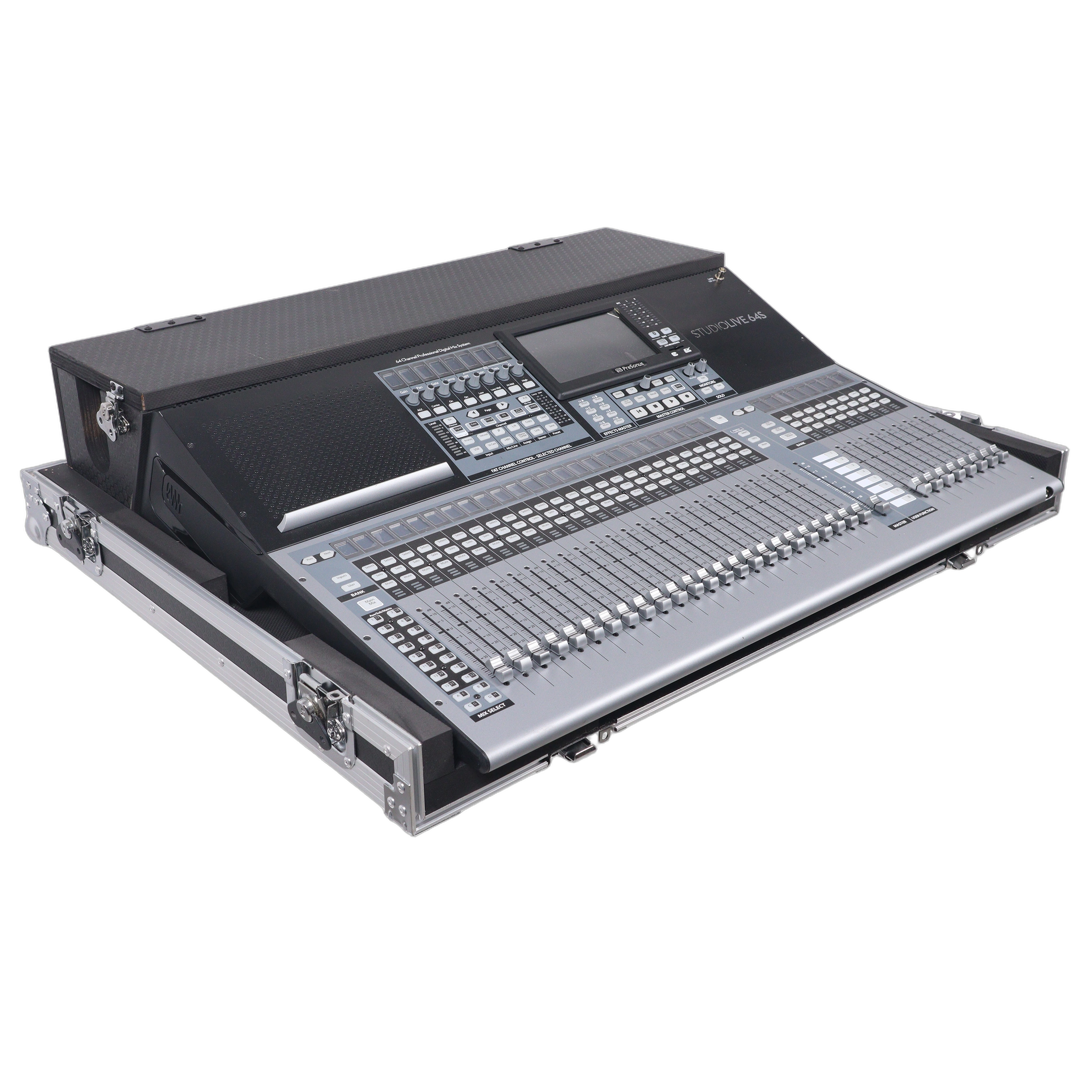 ProX PreSonus StudioLive Flight Case Detail View ProX ATA flight case for PreSonus StudioLive 64S mixer with doghouse compartment and caster wheels detail