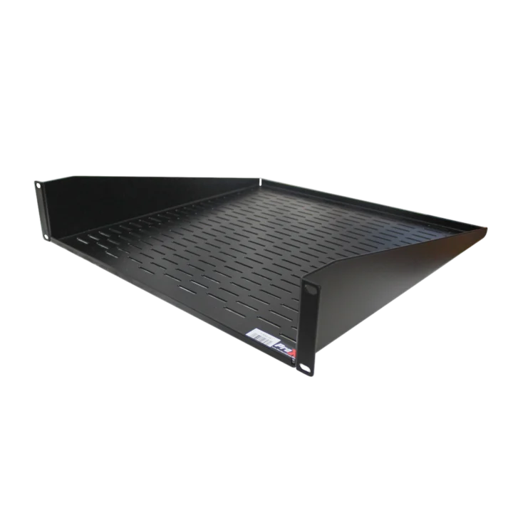 ProX 2U rack shelf with 18 inch depth, black steel construction, front-facing view