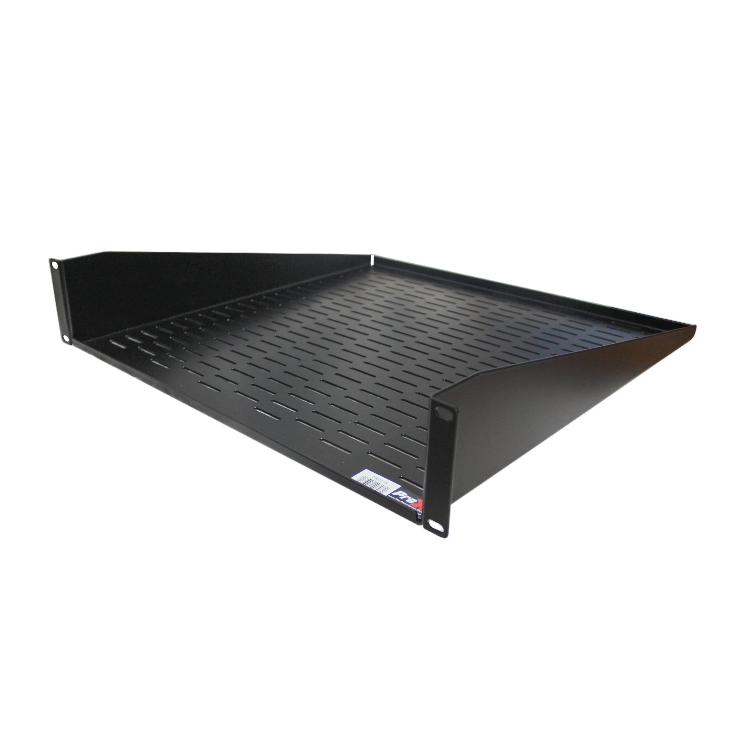 ProX 2U Rack Shelf 18 Inch Deep Front View ProX 2U rack shelf with 18 inch depth, black steel construction, front-facing view