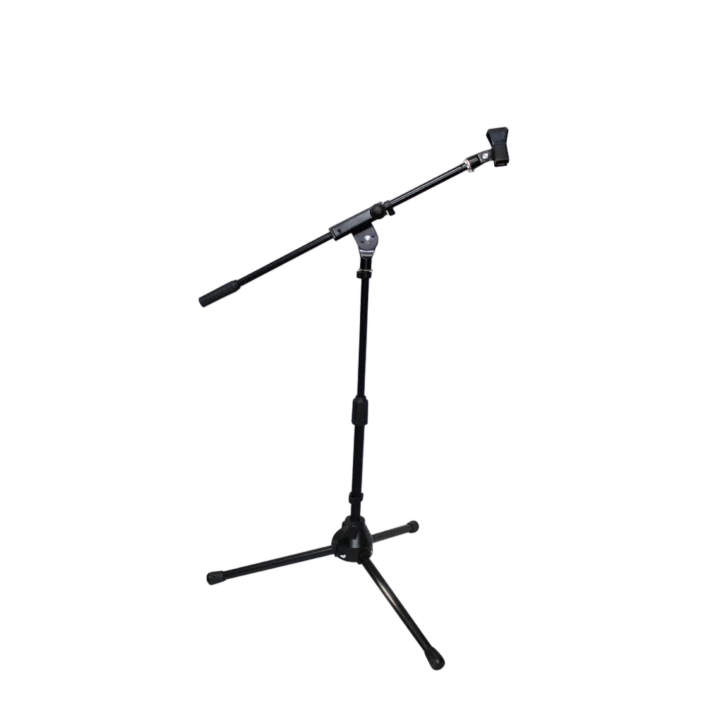 ProX short tripod microphone stand with adjustable boom arm and mic clip, front view