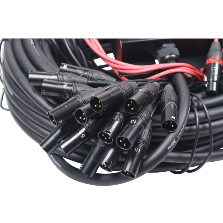 ProX 100 ft XLR stage box snake showing 16 female XLR inputs and 4 male XLR returns connectors